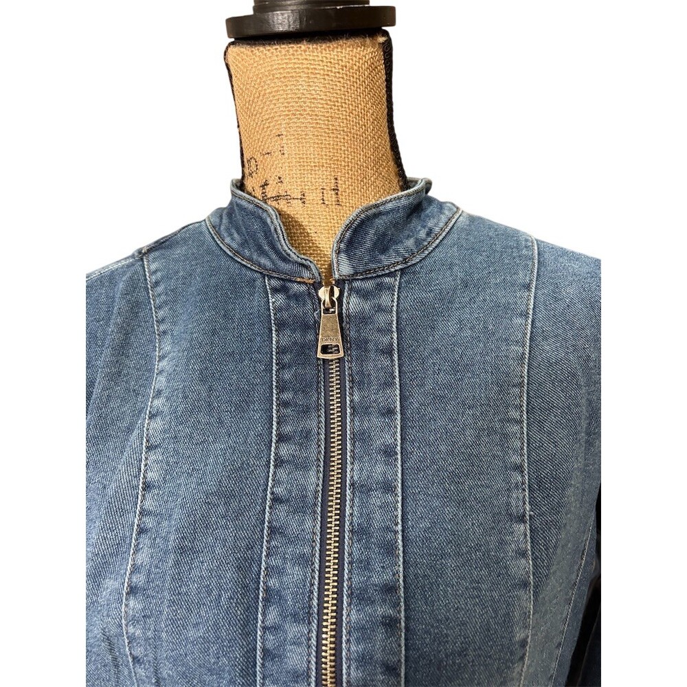 DKNY Jacket Womens Size M Blue Denim Peplum Full Zip Stand Collar Long - Picture 2 of 9
